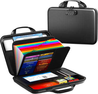 Fireproof Document Organizer with Lock, Semi-Rigid EVA Shell File Box with 13-Pocket Accordion Folder, Water-Resistant Storage for Important Documents, Passports & Certificates