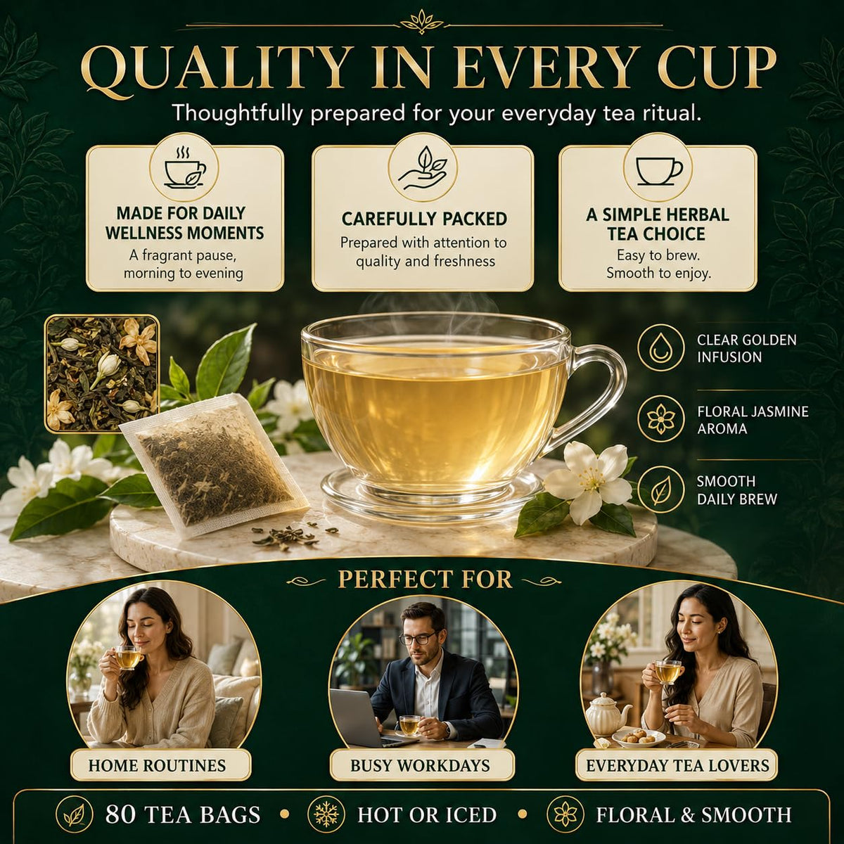 WOTIHA Jasmine Flower Tea Bags, Naturally Caffeine-Free, 80 Count, 160 g