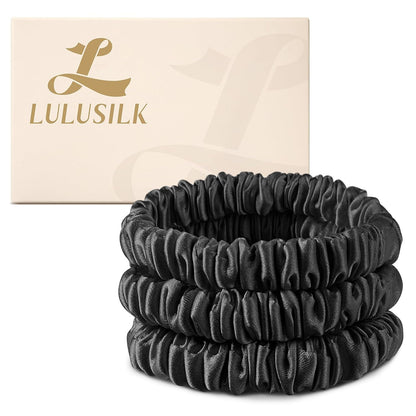 LULUSILK Small Silk Hair Ties No Damage, 100% Real Mulberry Silk, Skinny Scrunchies Ponytail Holders for Thin Fine Hair, Brown, Pack of 3