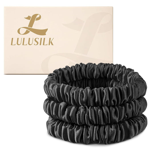 LULUSILK Small Silk Hair Ties No Damage, 100% Real Mulberry Silk, Skinny Scrunchies Ponytail Holders for Thin Fine Hair, Brown, Pack of 3