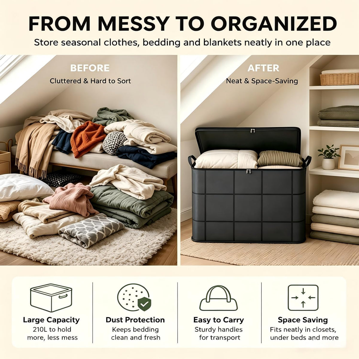 XXL Foldable Storage Bags with Reinforced Handles, 180L Large Capacity, 2 Pack, Fabric Moving Bags for Bedding, Sweaters, Closet Organizer