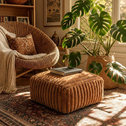 Stuffed Pouf Ottoman Soft Touch Poufs with Foam Chunk Filling Furry and Fluffy Detachable Pouf Foot Stool Storage Ottoman Floor Poufs Foot Rest for Living Room (Caramel, Round)