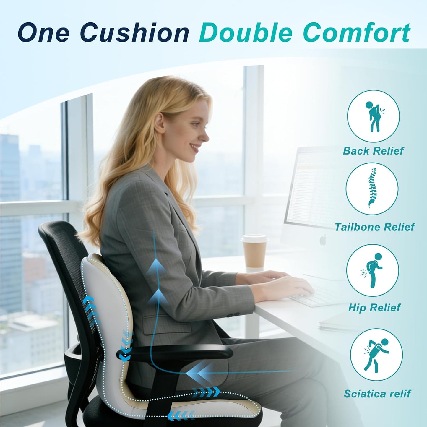 Seat Cushion for Office Chair and Car, Lumbar Support Pillow for Office Chair, Memory Foam Ergonomic Seat Cushion for Long Sitting, Back & Tailbone Pain, Sciatica - Dark Gray & Light Gray