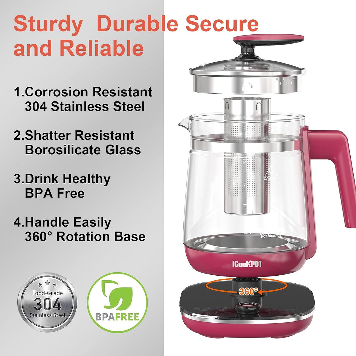 Electric Kettle 1.5L Borosilicate Glass, 1200W Temperature Control Tea Kettle with Auto Shut-Off & Boil-Dry Protection, BPA-Free Stainless Steel Base, Fast Boil for Coffee & Keep Warm, White