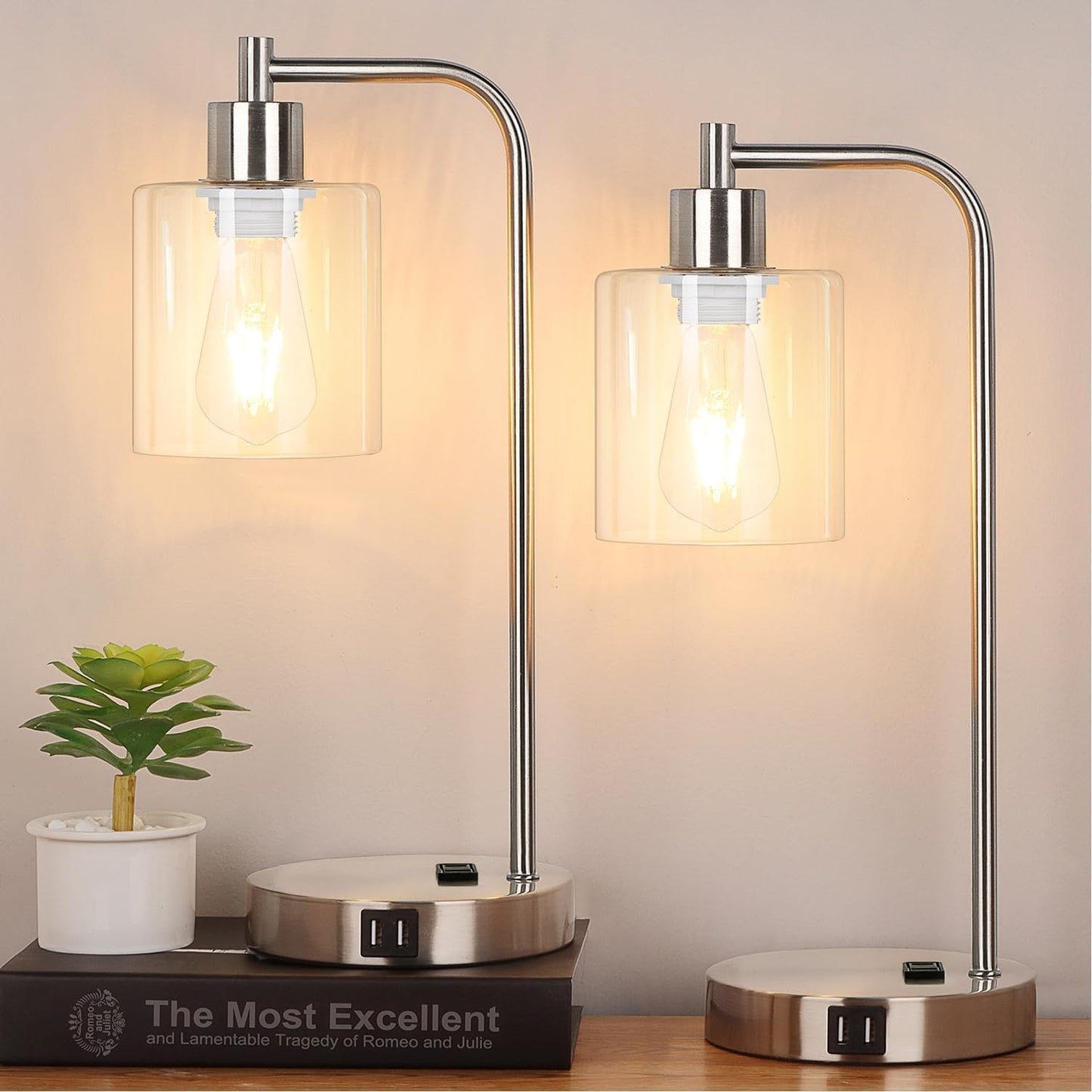 Set of 2 Industrial Touch Control Table Lamps with USB C+A Ports and AC Outlet - 3-Way Dimmable Black Bedside Lamps Nightstand Desk Lamps for Bedroom Living Room, Glass Shade & 2 LED Bulbs Included