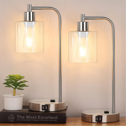 Set of 2 Industrial Touch Control Table Lamps with USB C+A Ports and AC Outlet - 3-Way Dimmable Black Bedside Lamps Nightstand Desk Lamps for Bedroom Living Room, Glass Shade & 2 LED Bulbs Included