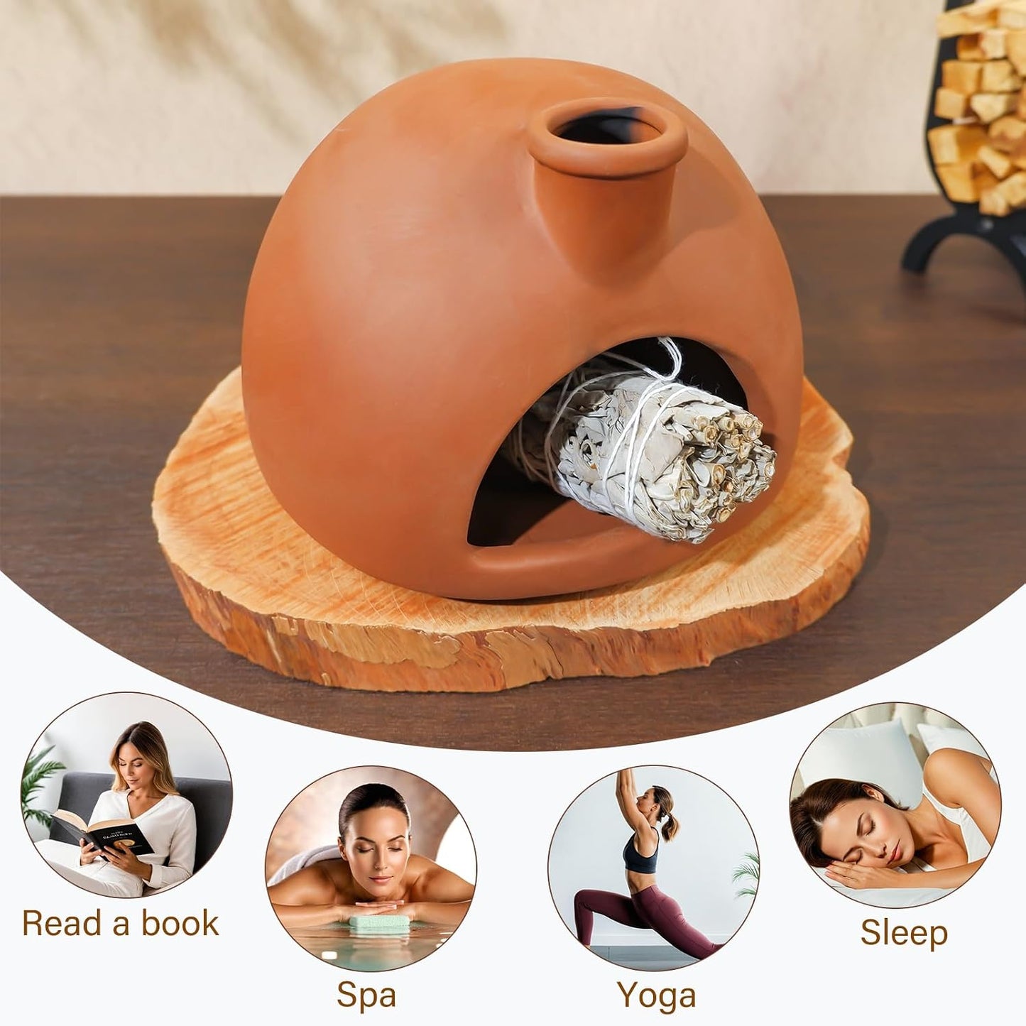 MOUGIGI Terracotta Palo Santo Holder - Modern Chiminea Incense Burner for Yoga, Meditation, and Energy Cleansing - Wood Sticks Dish, Sage Ash Catcher, Smudge Bowl, Cone Burner - Unique Meditation Gift