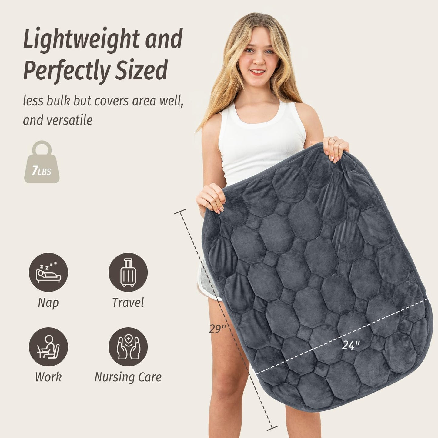 Wemore Weighted Lap Blanket 7lbs for Adults, Small Weighted Blanket Throw for Travel, Soft Weighted Lap Pad for Relaxation, Calming, Napping and Sleeping, Machine Washable, Light Grey 29" x 24"
