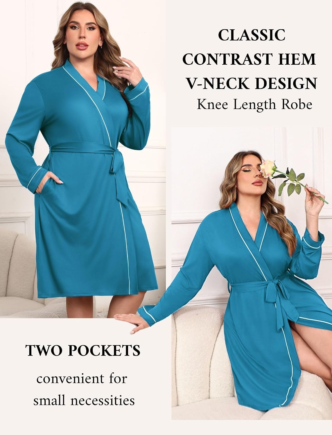 Ekouaer Plus Size Robes for Women Soft Bathrobe V Neck Soft Maternity Robe
