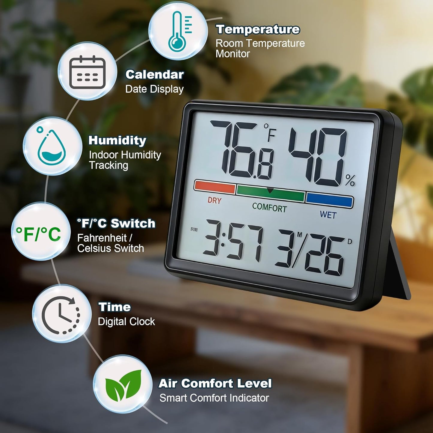 Digital Hygrometer Indoor Thermometer, Clock with Temp & Humidity, Temp Gauge with Comfort Indicator, Wall/Magnetic/Desk Alarm Clock for Bedroom, Baby Room, Office, Kitchen, Garage (White)