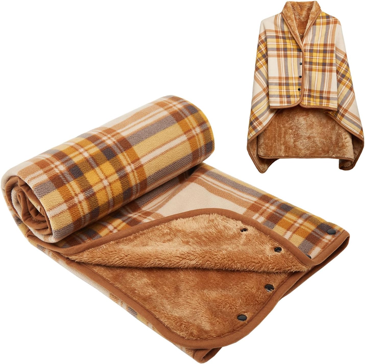 forestfish Fleece Wearable Blanket, Plaid Lap Blanket Comfy Poncho Throw with Buttons for Bed Sofa Office, Grey-White