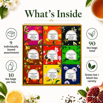 Premium Organic Holiday Tea Bag Sampler Gift Box - 90 Bags 9 Exotic Flavors Herbal Orange Spice, Mango, Earl Grey, Pomegranate, Peach, Green, Ginger Peach, Lemon Ginger, Acai Berry