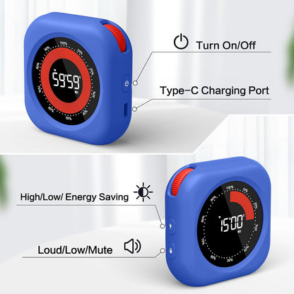 Rechargeable Digital Kitchen Timer for Cooking, Magnetic Timers with Countdown/up, Kids Timer with 5”LED Display 3 Brightness 4 Volume Adjustable for Classroom/Office/Home/Work/Fitness/Game（Blue）