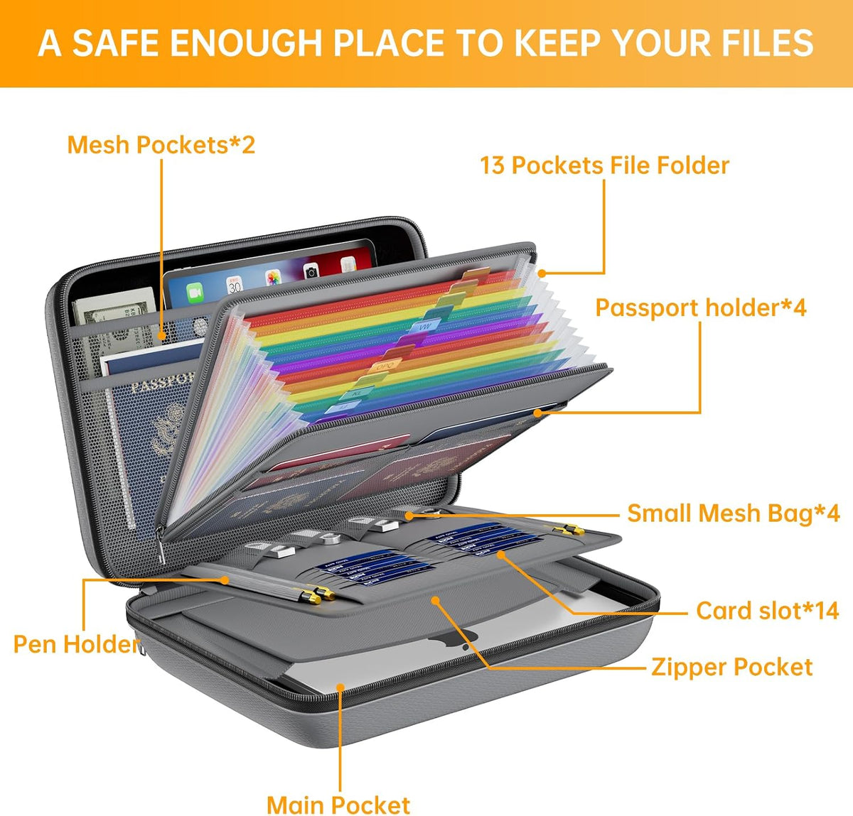 DocSafe Fireproof File Organizer with Lock, Hard-Shell Case Fireproof Document Box with 13 Pocket Accordion File Folder, Portable Home Office Travel Safe Storage for Important Documents Laptop Beige