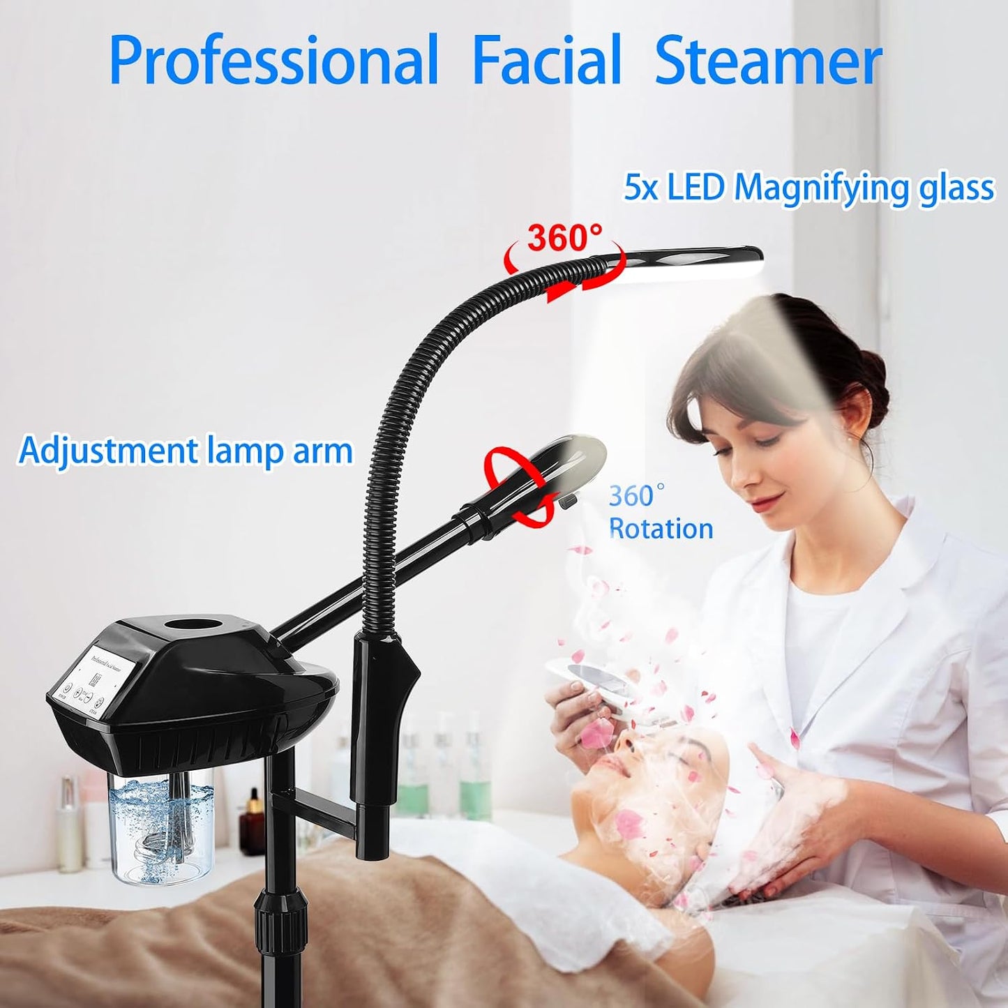 Facial Steamer Professional for Deep Cleansing and Hydration, Face Steamer for Estheticians with Adjustable Height, Spa Ozone Steamer on Wheels, Suitable for Home and Beauty Spa Salon Use