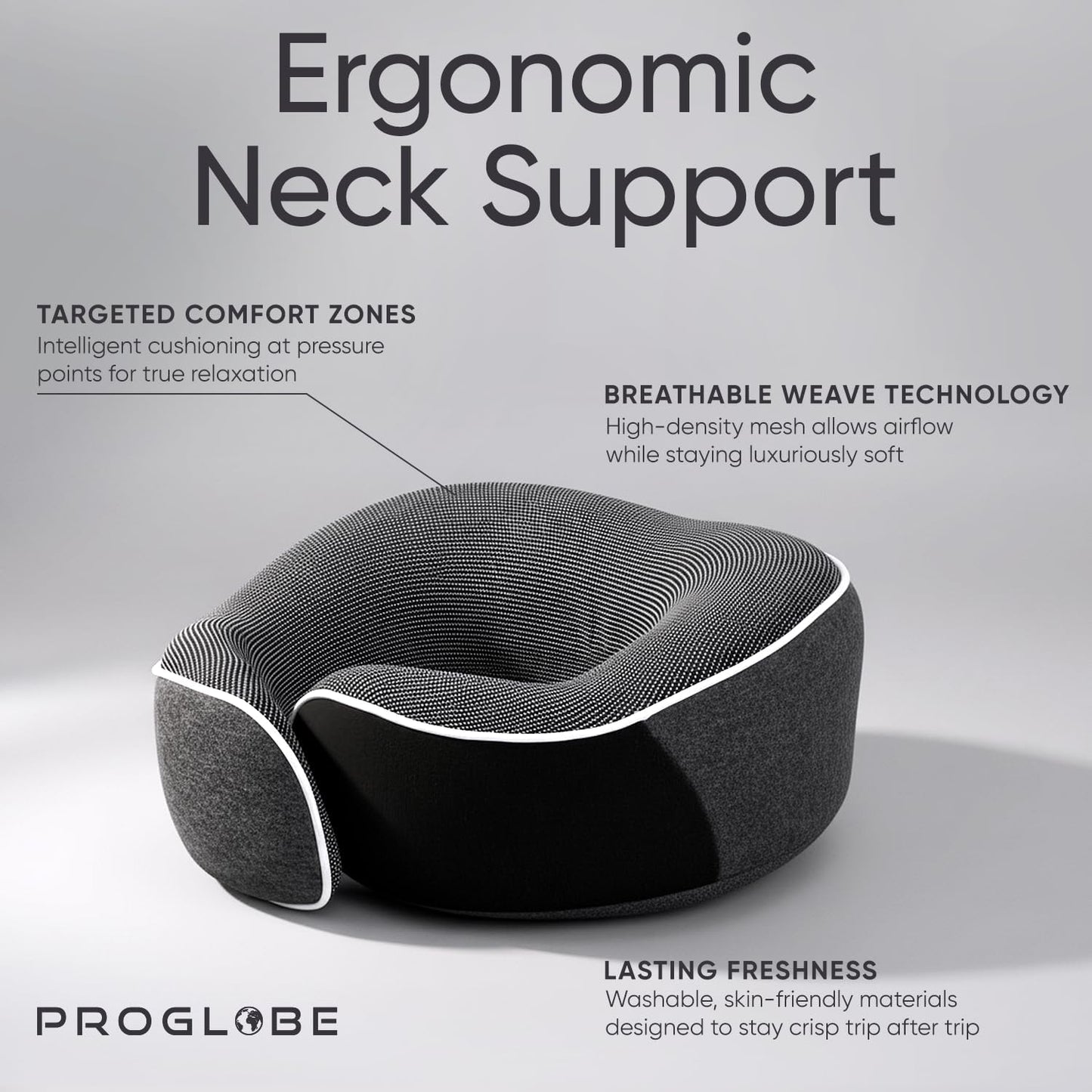 Proglobe Travel Neck Pillow for Airplanes, Long Haul Flight Kit, Grey