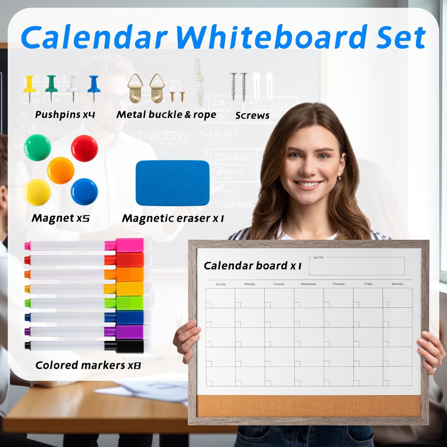 Dry Erase Calendar Whiteboard, 17" x 13" Magnetic Whiteboard Cork Board Combo, Reusable Monthly Planner with 8 Markers, Eraser, Magnets and Pushpins, Hanging Dry Erase Board for Home, School - White