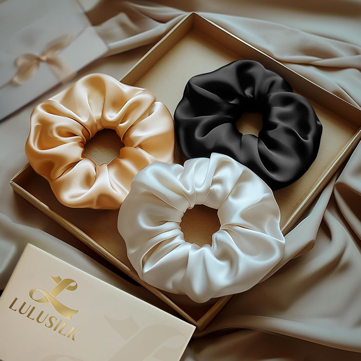 LULUSILK Silk Scrunchies for Hair Sleep, 100% Real Mulberry Silk, No Damage Hair Ties for Women and Girls, Classic Black, Pack of 3