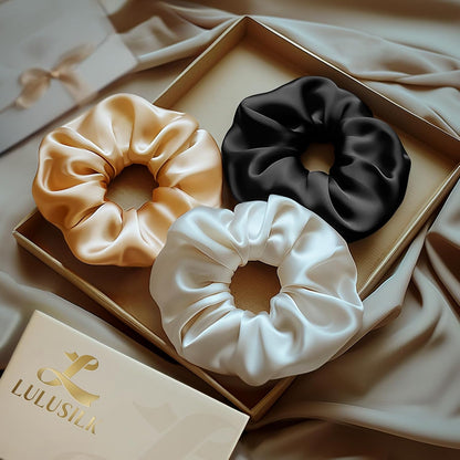 LULUSILK Silk Scrunchies for Hair Sleep, 100% Real Mulberry Silk, No Damage Hair Ties for Women and Girls, Classic Black, Pack of 3