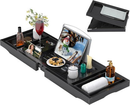 Artmalle Luxury Bathtub Caddy Tray for Tub - Foldable Bamboo Bath Table Tray with Book and Wine Glass Holder, Expandable Bathroom Accessories for Spa or Reading Lite Style