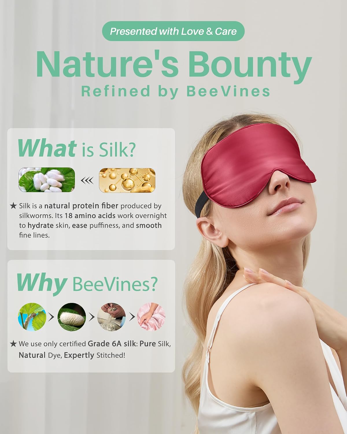 BeeVines 100% Real Mulberry Silk 2 Pack Sleep Mask, Natural Pure Silk Eye Masks with Adjustable Strap for Sleeping, Block Light Eye Sleep Shade Cover, Reduces Puffy Eyes Traveling Gifts