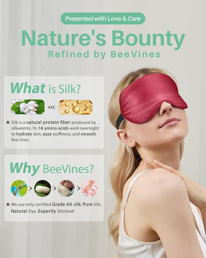 BeeVines 100% Real Mulberry Silk 2 Pack Sleep Mask, Natural Pure Silk Eye Masks with Adjustable Strap for Sleeping, Block Light Eye Sleep Shade Cover, Reduces Puffy Eyes Traveling Gifts