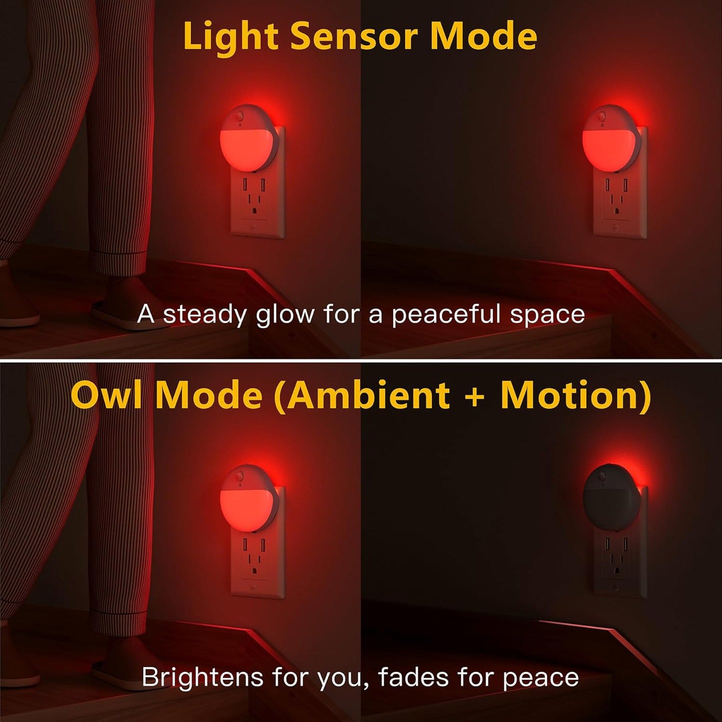 YUNLEX 2 Pack Plug in Sleep Night Light with Motion Sensor and Dusk to Dawn Sensor, 3 Modes, Soft Glow, Stepless Dimming, LED Lights for Bedroom, Sleep, Baby Nursery, Kids, Toddler, Home Decor (Amber)