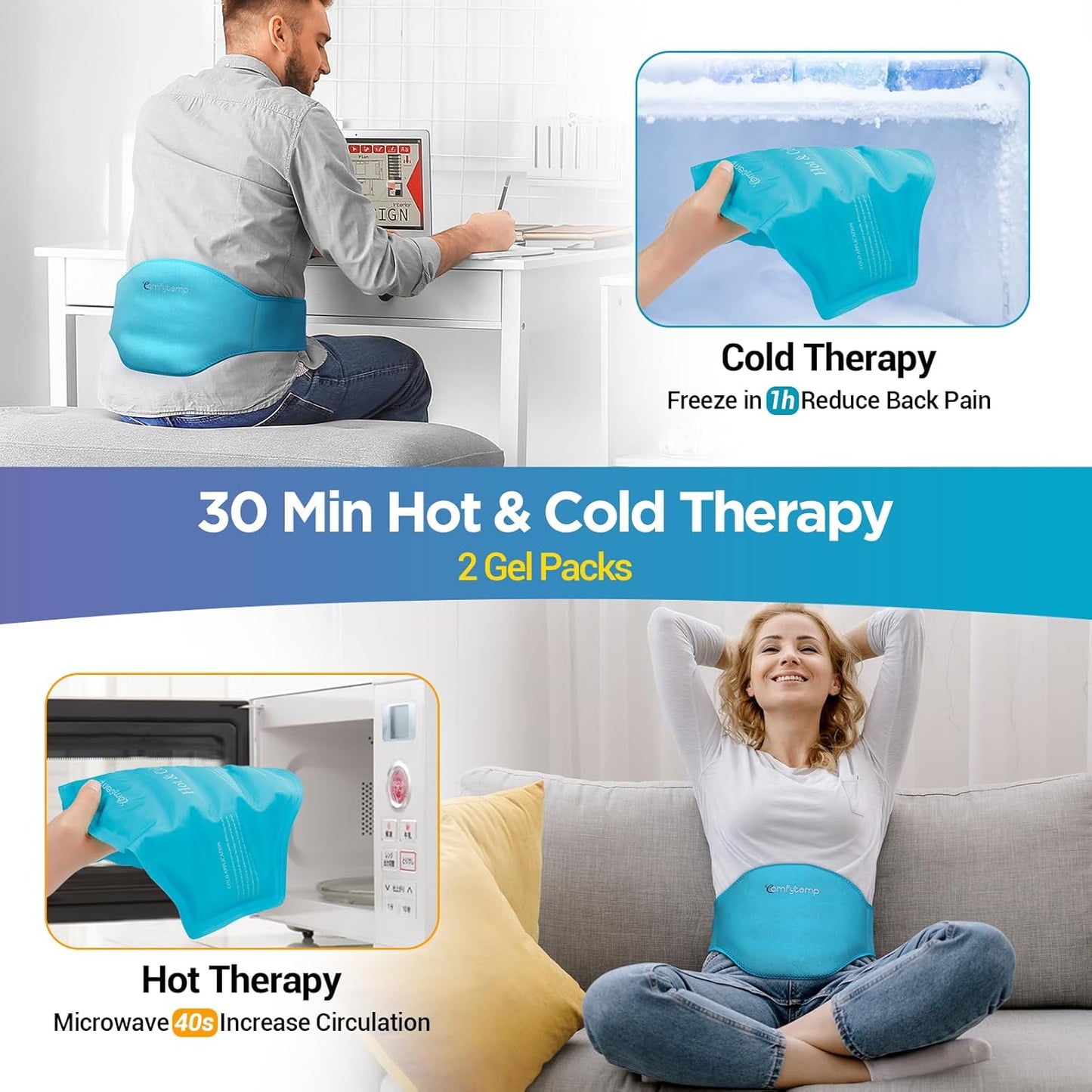 Comfytemp Ice Pack for Back Pain Relief, 2 Pcs, Sciatica Ease Brace, Reusable Gel Lower Back Ice Wrap for Injuries, Hot Cold Compress for Lower Lumbar, Waist, Men Women After Surgery (Blue)