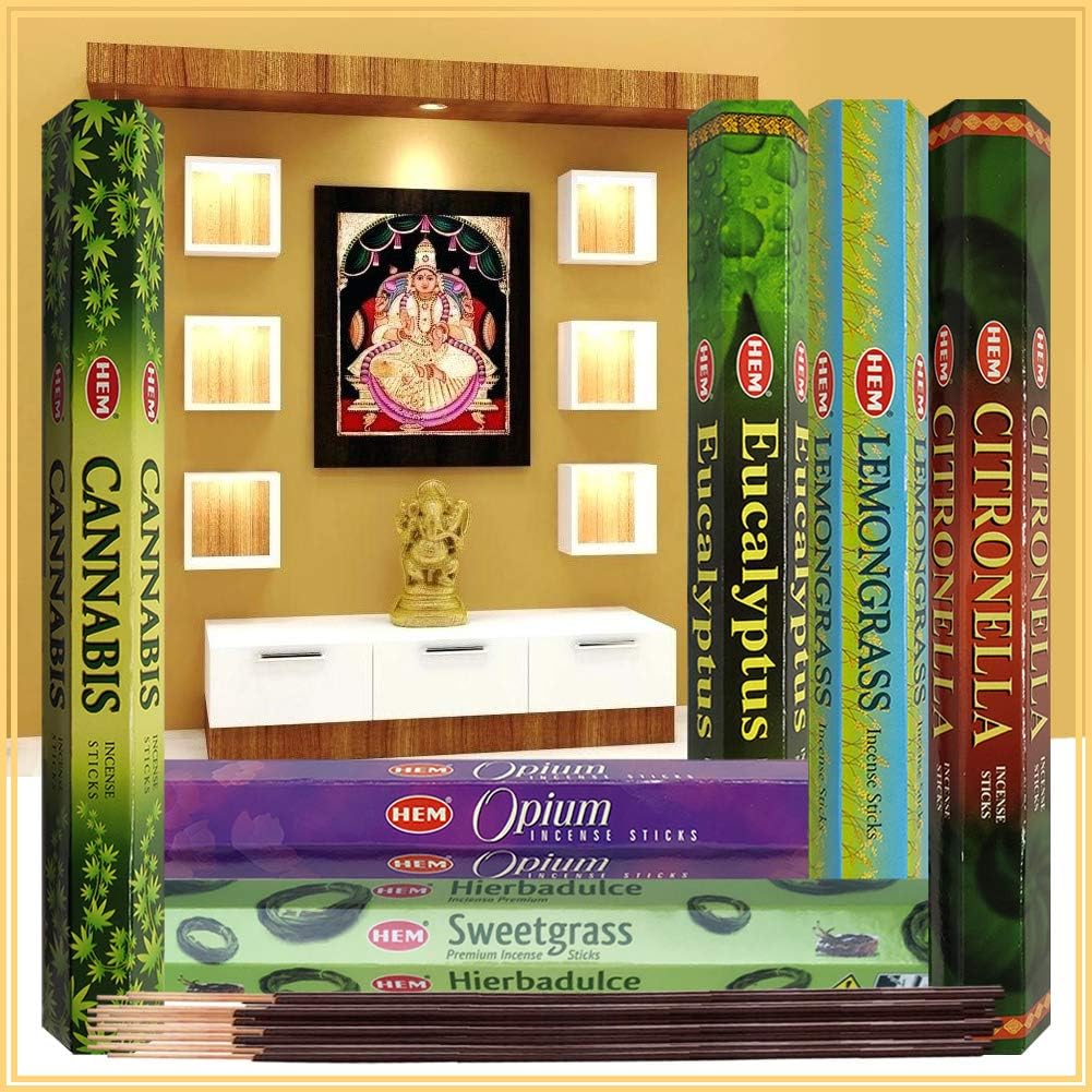 Hem Incense Sticks Variety Pack #23-120 Insence-Sticks (6 Incents x 20 Insense) + Incense Stick Holder with 6 Most Liked Scents Including Patchouli Dragons Blood White Sage Frankincense-Myrrh
