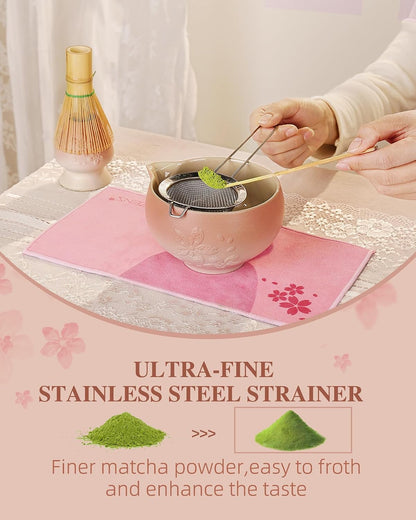 ZENS Matcha Whisk Set, Matcha Kit Set, Matcha Bowl with Spout, Bamboo Whisk & Scoop, Chasen Holder, 304 Sifter & Tea Mat, 6pcs Japaness Matcha Kit for Matcha Lovers, Birthday Gift, Pale Green
