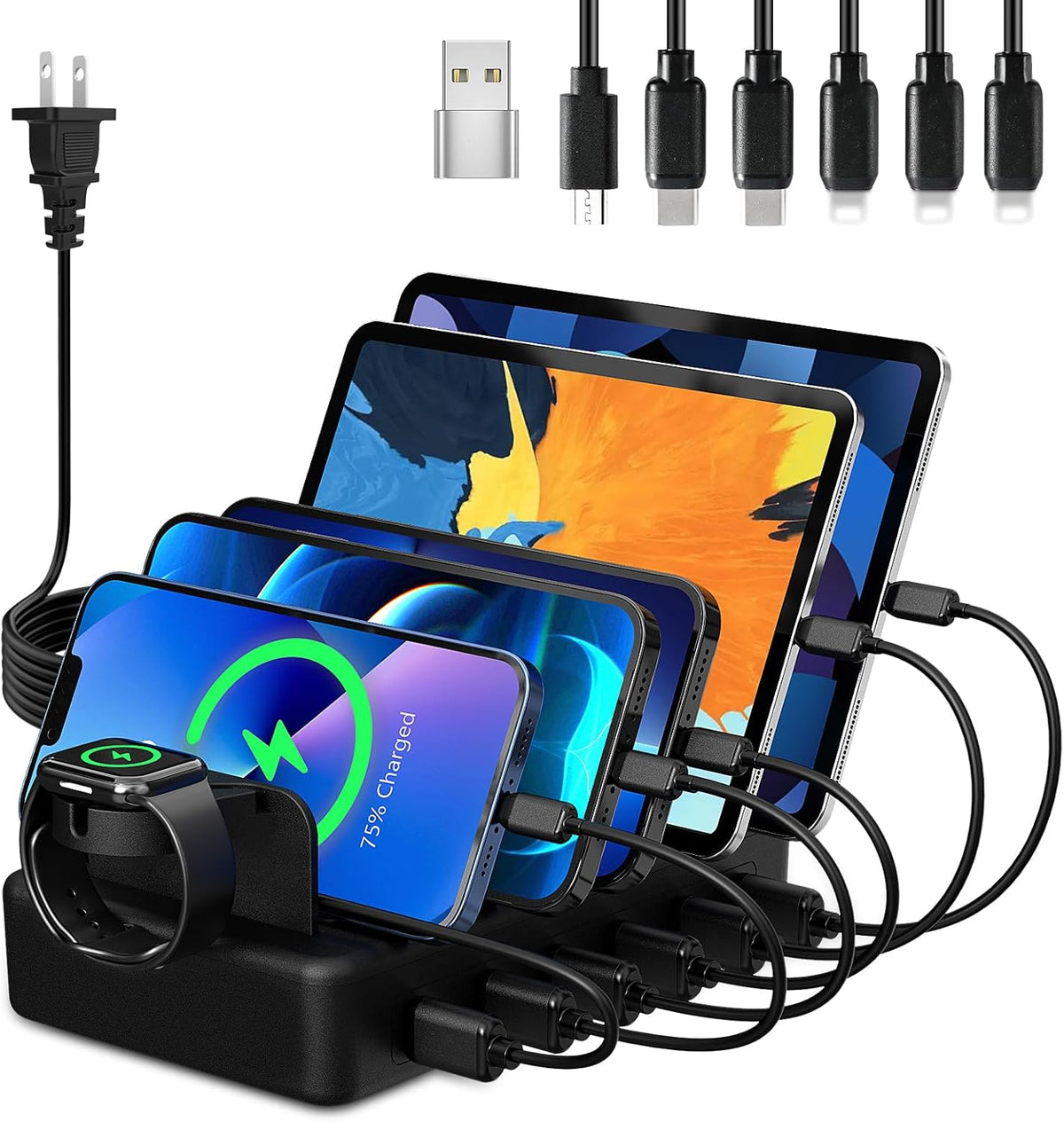 Charging Station for Multiple Devices, 50W 6 Ports Charging Dock with Stand
