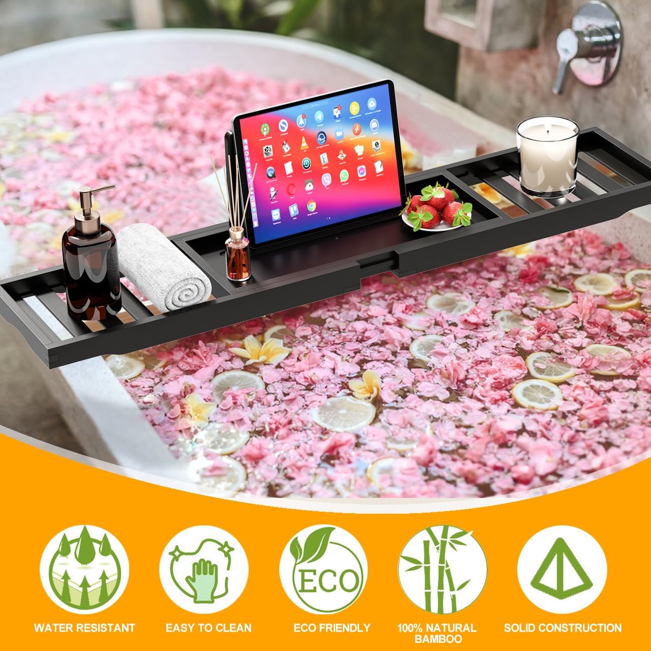 Premium Bamboo Bathtub Tray Caddy - Bath Tub Tray Table for Bathtub - Bath Caddy Tray for Bathtub, Expandable Size, Fits Most Bath Tubs