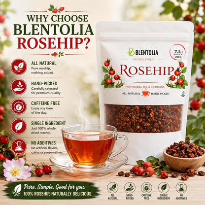 Blentolia Rosehip Whole Dried | 100% Natural Herbal Tea | Vitamin C Rich, Immune & Wellness Support | Caffeine-Free | 7.05oz (200g) Resealable Pouch