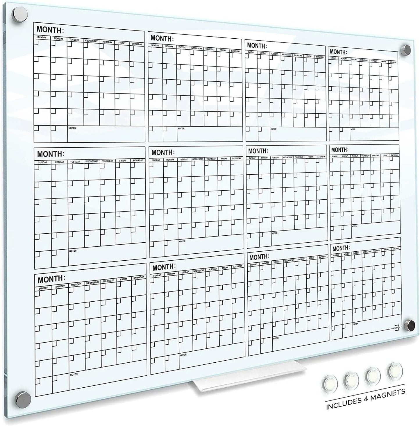 Magnetic 34”x46” Glass Whiteboard Calendar Yearly Dry Erase Planner for Wall Large Glass Whiteboard Calendars for Home and Office
