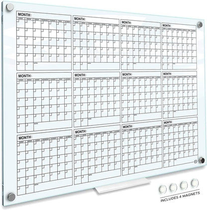 Magnetic 34”x46” Glass Whiteboard Calendar Yearly Dry Erase Planner for Wall Large Glass Whiteboard Calendars for Home and Office