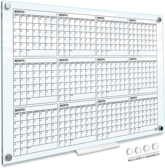Magnetic 34”x46” Glass Whiteboard Calendar Yearly Dry Erase Planner for Wall Large Glass Whiteboard Calendars for Home and Office