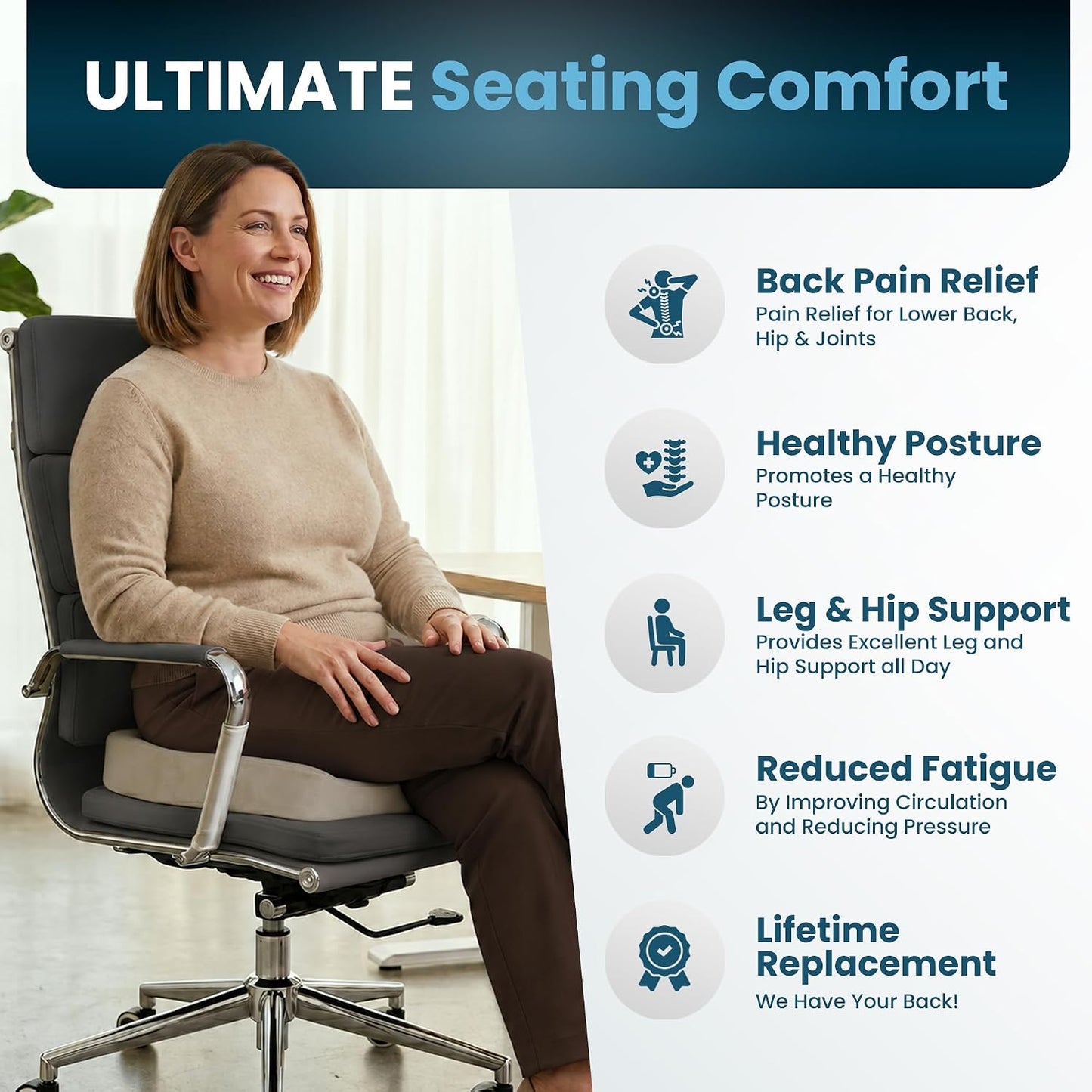 ComfiLife Gel Enhanced Seat Cushion – Office Chair Cushion – Non-Slip Gel & Memory Foam Coccyx Cushion for Tailbone Pain - Desk Chair Car Seat Cushion Driving - Sciatica & Back Pain Relief (Navy)