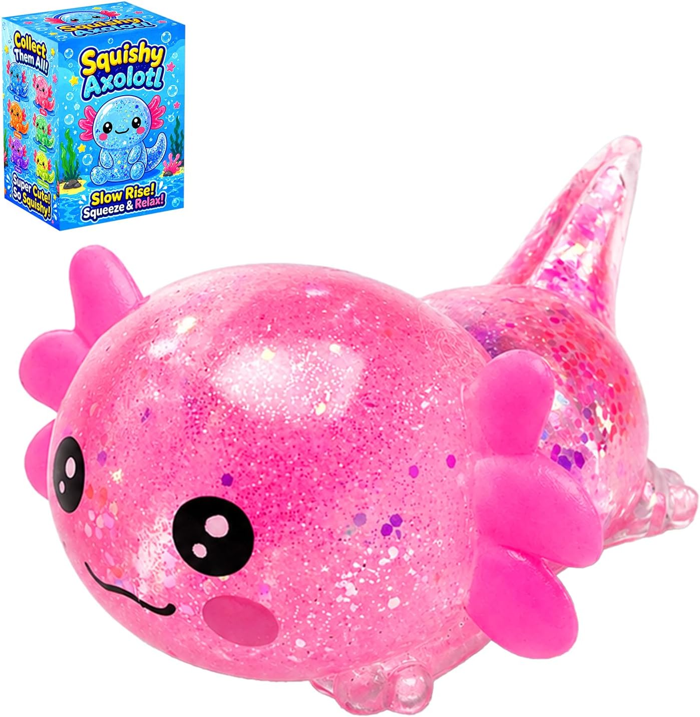Axolotl Squishy Toy, Cute Glitter Stress Relief Fidget Toy, Soft Squeeze Sensory Toy for Kids Adults, Axolotl Squishy Stress Ball Anxiety Calming Desk Toy Party Favor Handheld Fidget (Yellow)