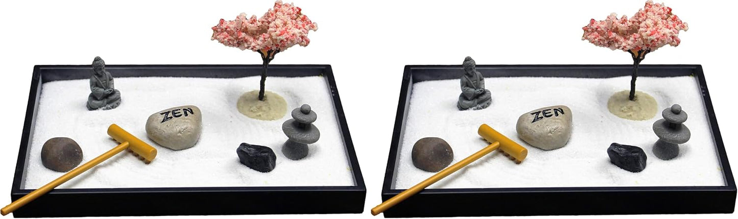 Nature's Mark Mini Zen Garden Kit for Desk with Rake, White Sand, Lotus Figure, 3 Sections Black Square Base, River Rocks and Black Rocks (9Lx9W C)
