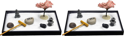 Nature's Mark Mini Zen Garden Kit for Desk with Rake, White Sand, Lotus Figure, 3 Sections Black Square Base, River Rocks and Black Rocks (9Lx9W C)