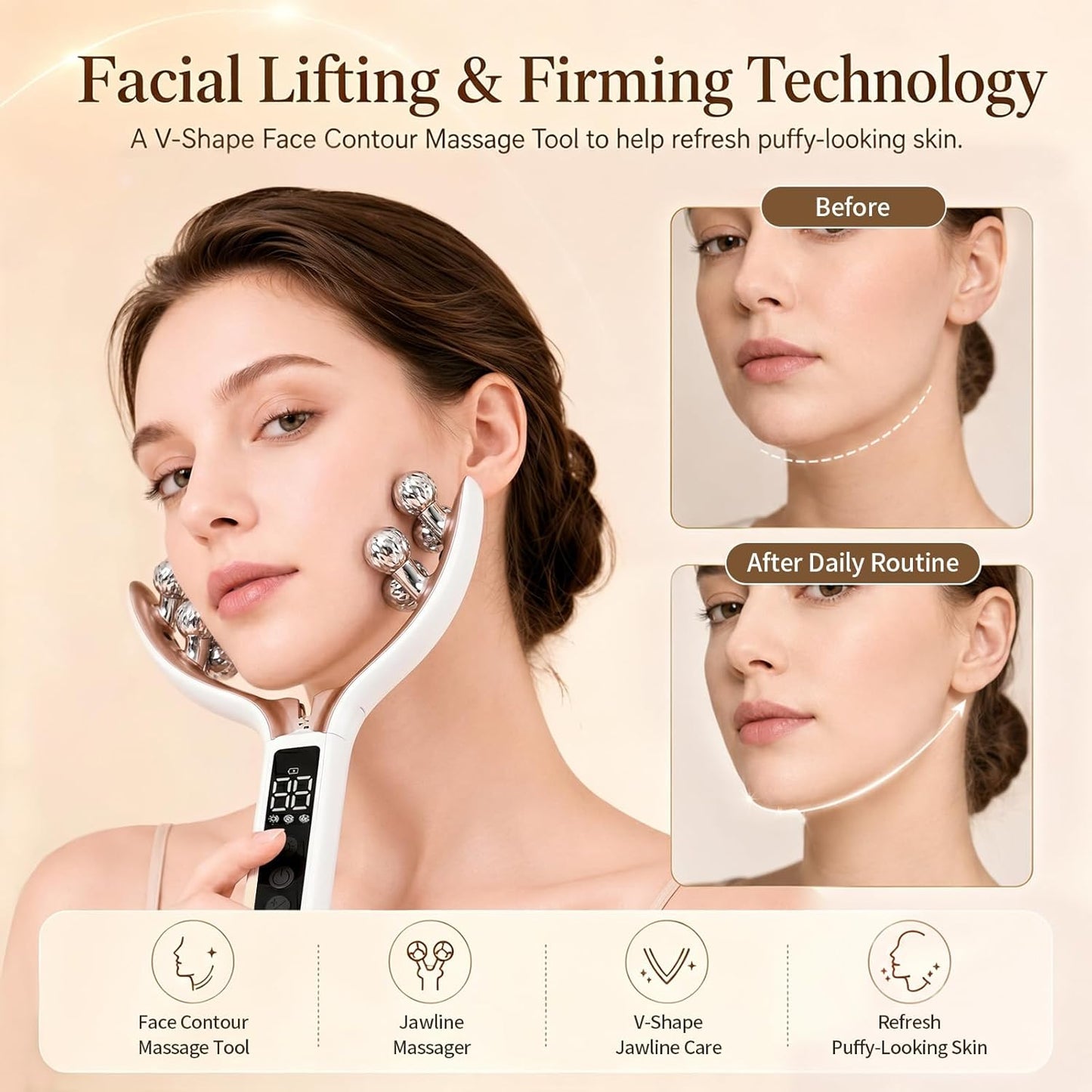 Wireless Face Massager Tool, 8-Roller 3D Face Roller for Women, LED Facial Massager,V-Shape Face Sculpting Tool for Jawline, 6 Light & Vibration Modes, USB-C Rechargeable
