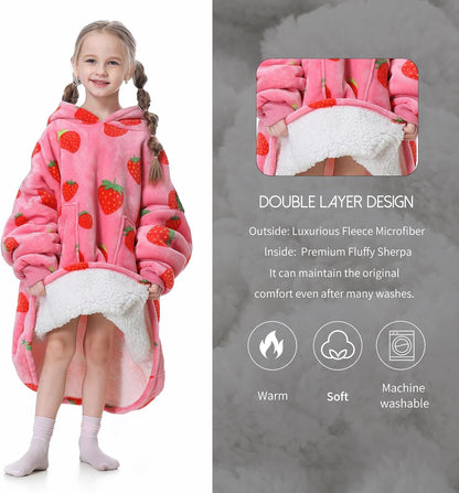 Aemicion Strawberry Blanket Hoodie,Oversized Sherpa Wearable Hooded Blanket,Warm Cozy Sweatshirt Gifts for Women Girls Adult