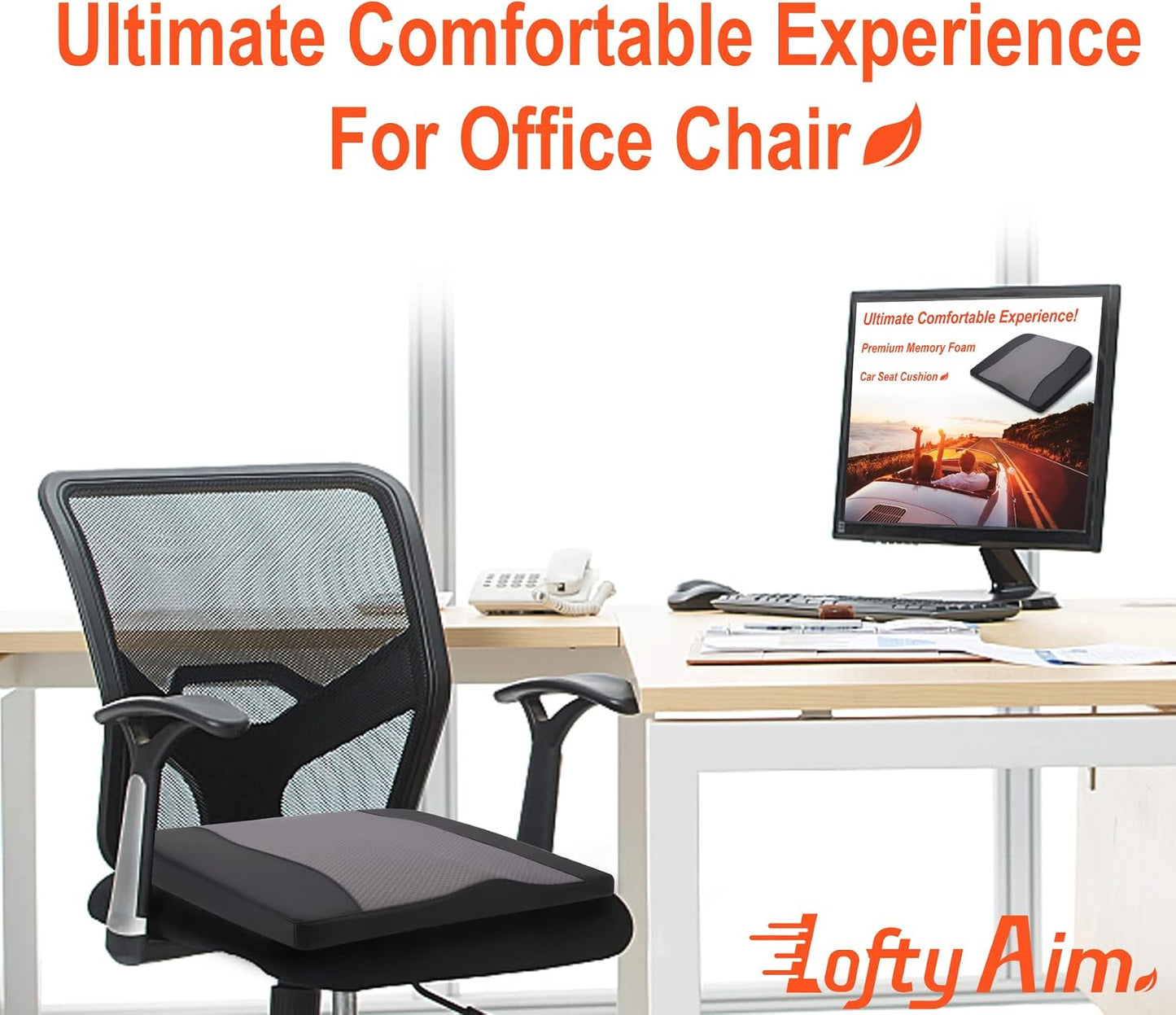 Lofty Aim Car Seat Cushion, Comfort Memory Foam Car Cushions for Driving - Sciatica & Lower Back Pain Relief, Driver Seat Pillow for Auto, Office Chair, Wheelchair - Black