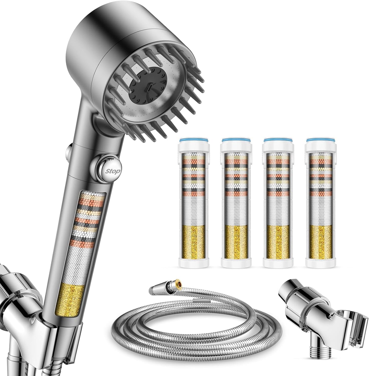 Filtered Shower Head with Handheld with 4PCS Filters, High Pressure 4 Spray Modes Shower heads with Filter, IronDrops Water Softener Filter for Hard Water 70" Hose (Chrome)