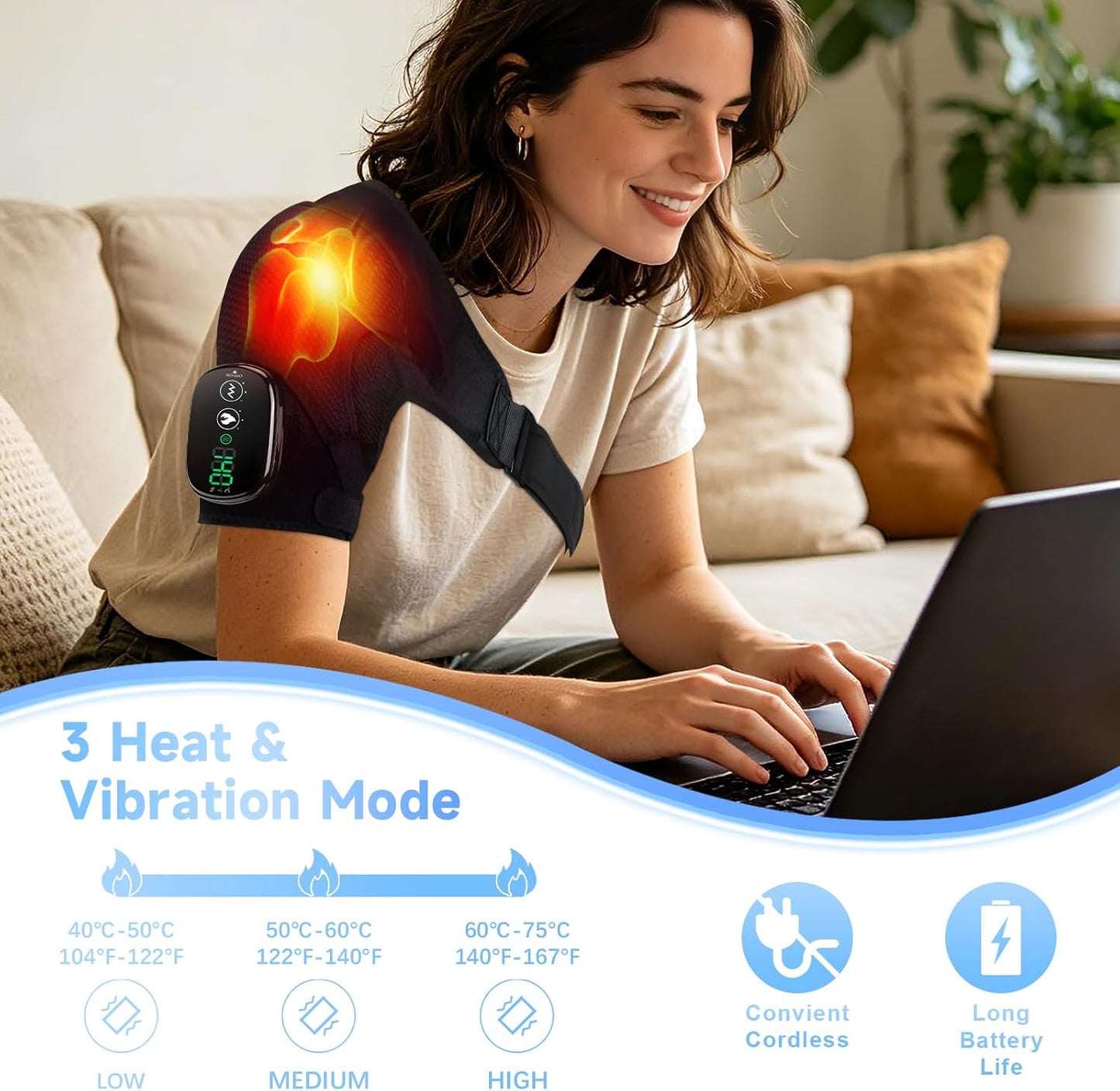 Cordless Shoulder Heating Pad with Massage, Vibration Heated Shoulder Wrap Massager, Rotator Cuff Shoulder Brace, Shoulder Massage with Heat for Pain Relief Deep, Warm Gifts