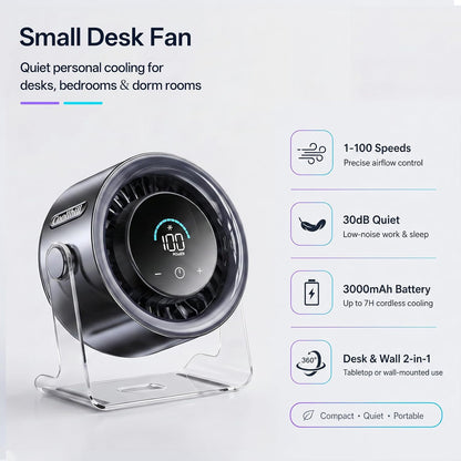 USB Desk Fan for Bedroom: 100 Speeds Digital Display Quiet Portable Fan with Turbo Airflow, 120° Rotating Small Rechargeable Battery Desktop & Wall-Mounted Fans for Bedroom Home Office