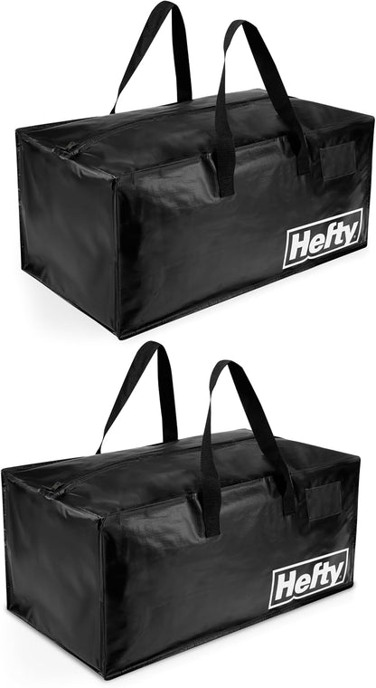 Hefty Storage Bags Extra Large Double Zipper Backpack, Heavy Duty Water Resistant Moving Totes with Shoulder Straps, Foldable Reusable Packing Organizers, (X-Large Black)