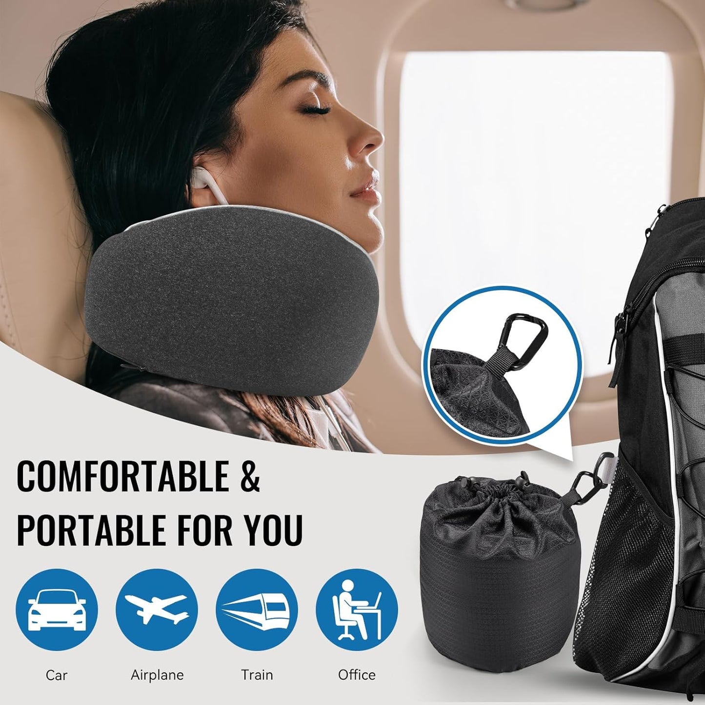 Travel Pillow, Memory Foam Neck Pillow with Ergonomic 360° Support, Travel Neck Pillow for Airplanes, Compact Design for Plane, Car & Office Travel Essentials, Max Black
