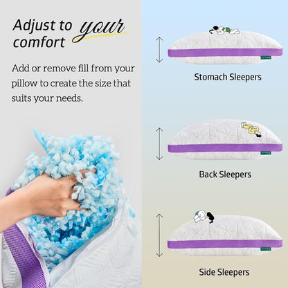BETU Cooling Pillow Queen Size, Shredded Memory Foam Cool Pillow for Hot Sleepers, Adjustable Firm Soft Support Bed Pillows Perfect for Back Neck Pain and Side Sleeping with Pillow Case Cover, White