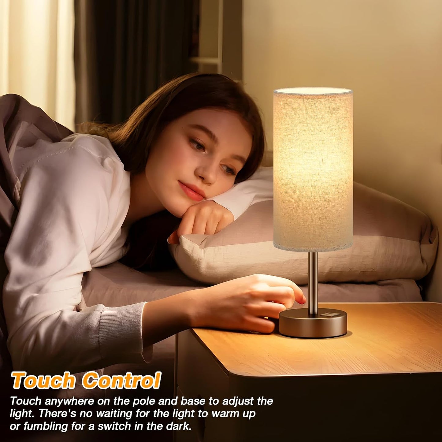 Dicoool Touch Bedside Table Lamp with USB - 3 Way Dimmable Wood Lamp for Bedroom Nightstand, Desk Lamp with Charging Station for Dorm, Living Room, Office, Kids Room, Small, 14in